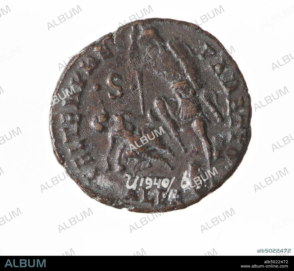 Vz: imperial bust r., Drapery, DN CONSTAN-TIUS PF AUG, Kz: fallen rider-type, FEL TEMP REPARATIO, in field S between two points, in cut ALEA, coin, aes-II, Constantius II, metal, copper, Diam. 21 mm, wt. 4.45 gr, roman 351-355, the Netherlands, unknown, unknown, unknown.