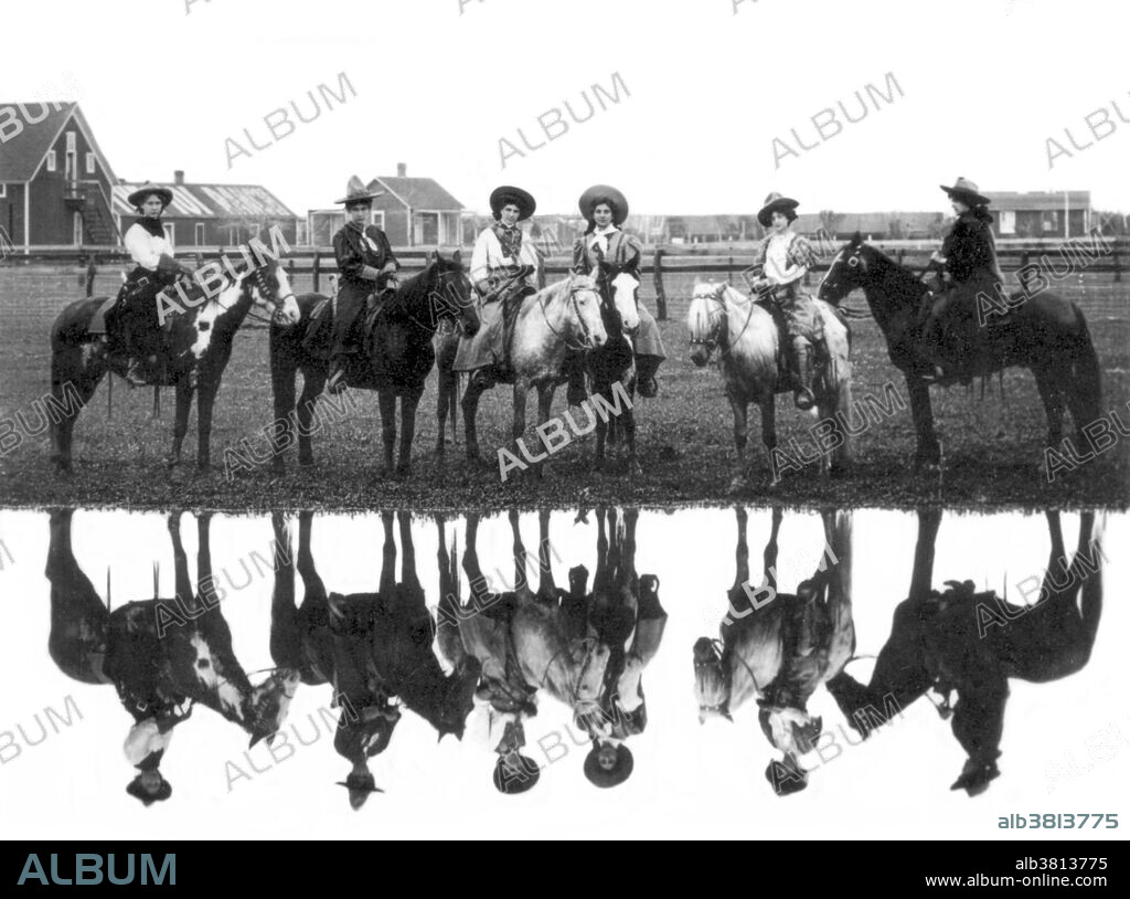 The Miller Brothers 101 Ranch was a 110,000 acre cattle ranch in the Indian Territory of Oklahoma before statehood, founded by Colonel George Washington Miller, a veteran of the Confederate Army, in 1893. The 101 Ranch was the birthplace of the 101 Ranch Wild West Show and one of the early focal points of the oil rush in northeastern Oklahoma. It was the largest diversified farm and ranch in America at the time. The Millers' neighbor Major Gordon W. Lillie, who performed as Pawnee Bill, motivated the Millers to produce a Wild West Show of their own. The Millers made their transition from putting on local shows to the national scene in 1907, when they performed at the Jamestown Exposition in Virginia. Later in 1907, the Miller Brothers 101 Ranch Wild West Show began the tour circuit in Brighton Beach, New York. Joe Miller, the eldest son, was an exceptional equestrian and star performer. Over the course of the show's history, its cast included Lillian Smith, Bill Picket, Bessie Herberg, Bee Ho Gray, Tom Mix, Jack Hoxie, Mexican Joe, Ross Hettan, and an elderly Buffalo Bill. No photographer credited, 1900s.