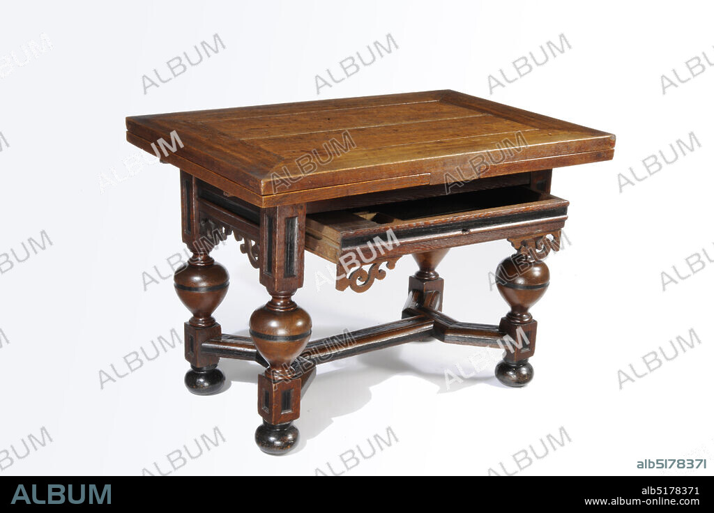 table, Anonymous, 17th century, ebony, oak, inlaid, An oak table on spherical legs with cross base. Inlaid surfaces with ebony. The table is equipped with extension blades to increase the surface of the table top. The table also has a drawer with three small drawers on the left. The table stands on four vase-shaped, articulated legs on block-shaped houses, including the spheres. A Y-shaped cross connection on both sides between the houses. The houses are profiled with an inlaid, deep-set bossing. S-shaped supports cut out under the top rails, Retracted: 80.4 x 115.8 x 77.5cm (804 x 1158 x 775mm), Extended: 78.5 x 214.4 x 77.5cm (785 x 2144 x 775mm).