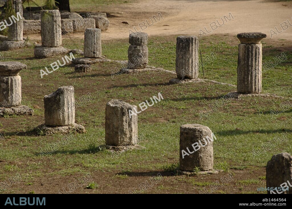 Classical antiquity. Olympia. Remains of the ancient Gymnasium,  north-West of the Altis. Large quadrangular building, with central court enclosed by Doric stoas. 2nd century BC. Elis region, Peloponnese, Greece.