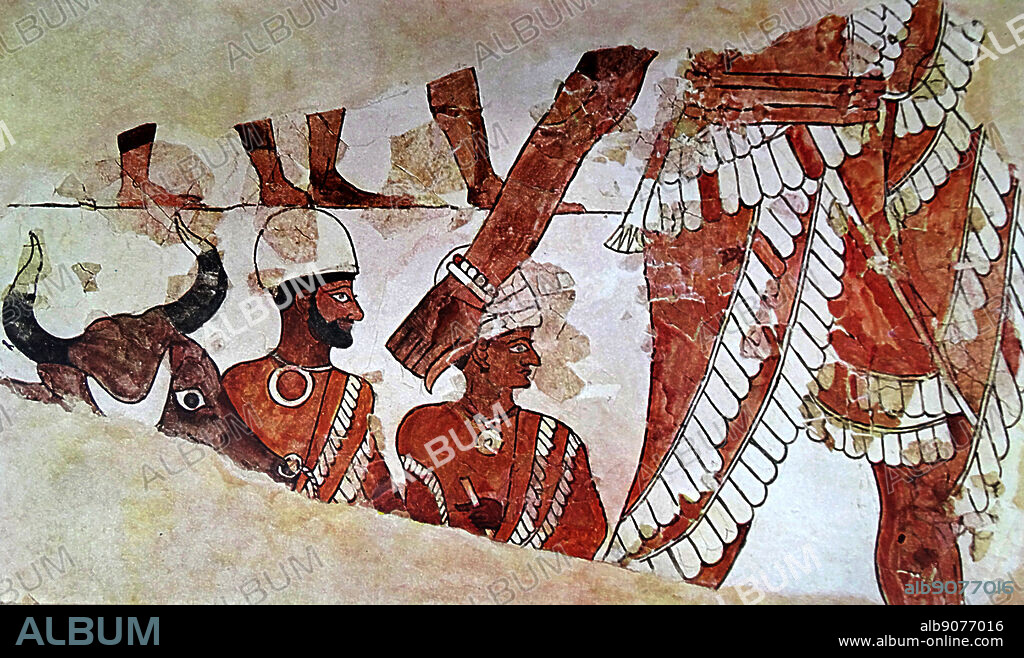 Mesopotamia: Palace of Mari. Part of a sacrificial scene, restored by Paul Francois, architect to the expedition of M Andre Parrot, from thousands of tiny fragments. (Wall painting. Early second millennium B.C.