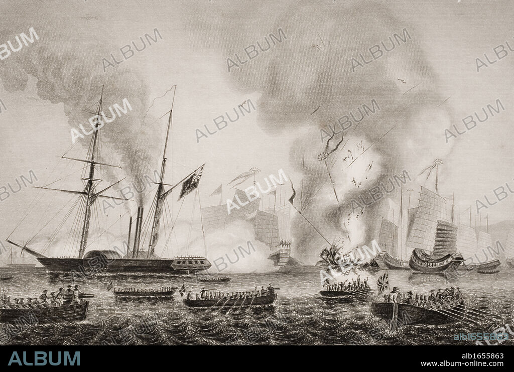 The Hon. East India Company's steamer Nemesis and the boats of The Sulpher, Calliope,Larne and Starling destroying the Chinese war junks in Anson's Bay. January 7, 1841. Engraved by G.Greatbach after G.W. Terry. From England's Battles by Sea and Land by Lieut Col Williams, The London Printing and Publishing Company circa 1890s.