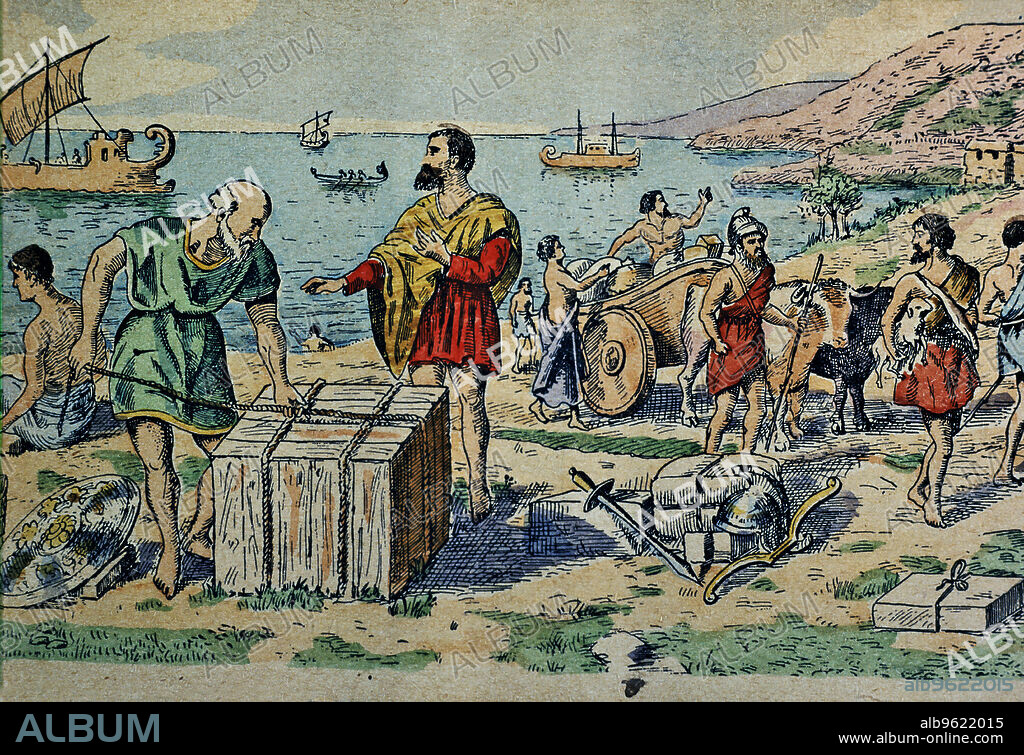 Arrival of the Phoenicians to the coast of the Iberian Peninsula, drawing, 1900.
