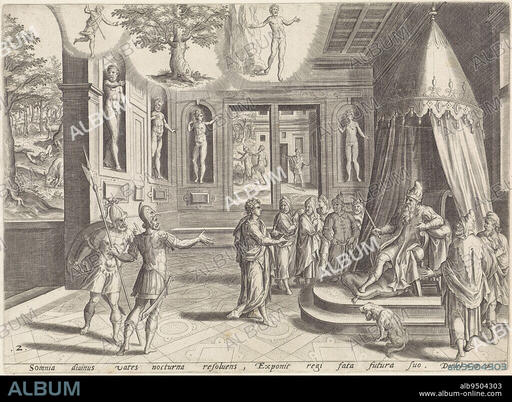 Daniel stands before the throne of King Nebuchadnezzar and explains the king's dreams. Above are the king's dreams. A watchman descends from heaven on the left and gives an order to cut down the great tree. On the right is the dream of the statue with the head of gold and feet of iron and clay. Daniel explains that the first dream means that the king will be cast out and live like an animal for seven years. In the background, Nebuchadnezzar can be seen being sent away. On the left in the landscape, Nebuchadnezzar lives like an animal and eats grass. Below the depiction a reference in Latin to the Bible text in Dan. 2. The dream from Dan. 4. is central to this representation, however, Dream of Nebuchadnezzar History of Daniel Thesaurus sacrarum historiarum veteris testamenti , print maker: Johannes of Lucas van Doetechum, Hans Vredeman de Vries, publisher: Gerard de Jode, Antwerp, 1579 and/or 1585, paper, etching, h 239 mm × w 325 mm.