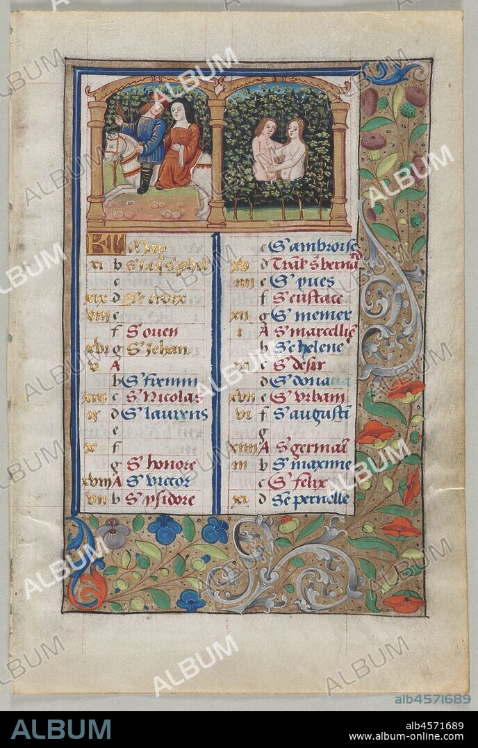Leaf from a Book of Hours: Calendar Page for May (recto), c. 1510. A calendar containing feast days for the liturgical year is the first section of a book of hours. Here, the major feast days are listed in gold; the lesser ones alternate in red and blue. When illustrated, calendars contain representations of zodiac signs and the labors or activities for that month, used as visual aids for the reader.    Richly decorated literary texts and books of hours, such this leaf, were made in Rouen, an established, important center of book production in the late 1400s-early 1500s. The cathedral there maintained an extensive library and commissioned large numbers of books. The booksellers and manuscript workshops would have been concentrated near the cathedral.