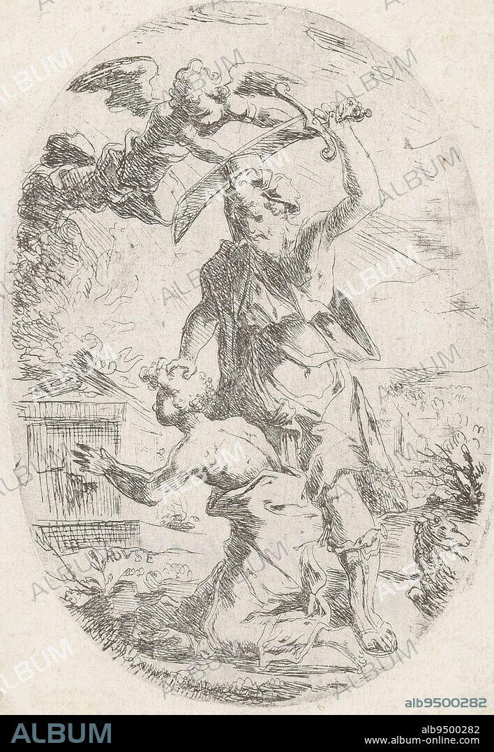 Abraham is about to sacrifice his son Isaac. An angel stops him, Sacrifice of Isaac., print maker: anonymous, Rouse, (mentioned on object), 1600 - 1699, paper, etching, h 103 mm - w 72 mm.