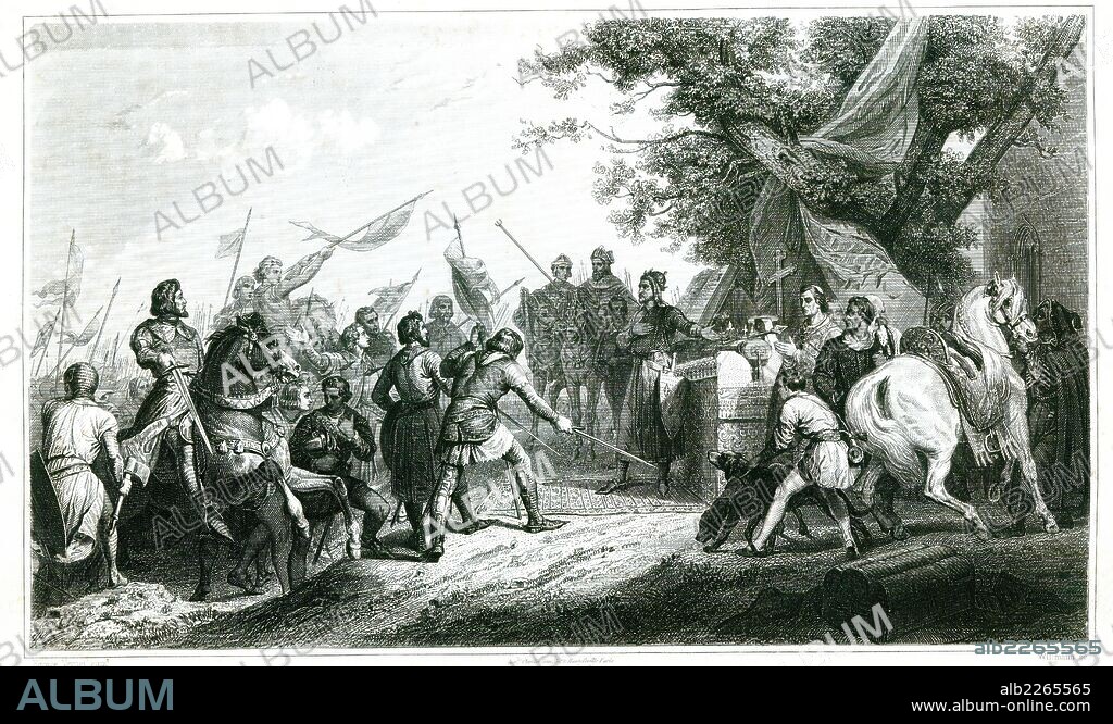 Francia. Felipe Augusto vencedor en la batalla de Bouvines contra las tropas germánicas de Otón IV en junio de 1214. Grabado de 1853.