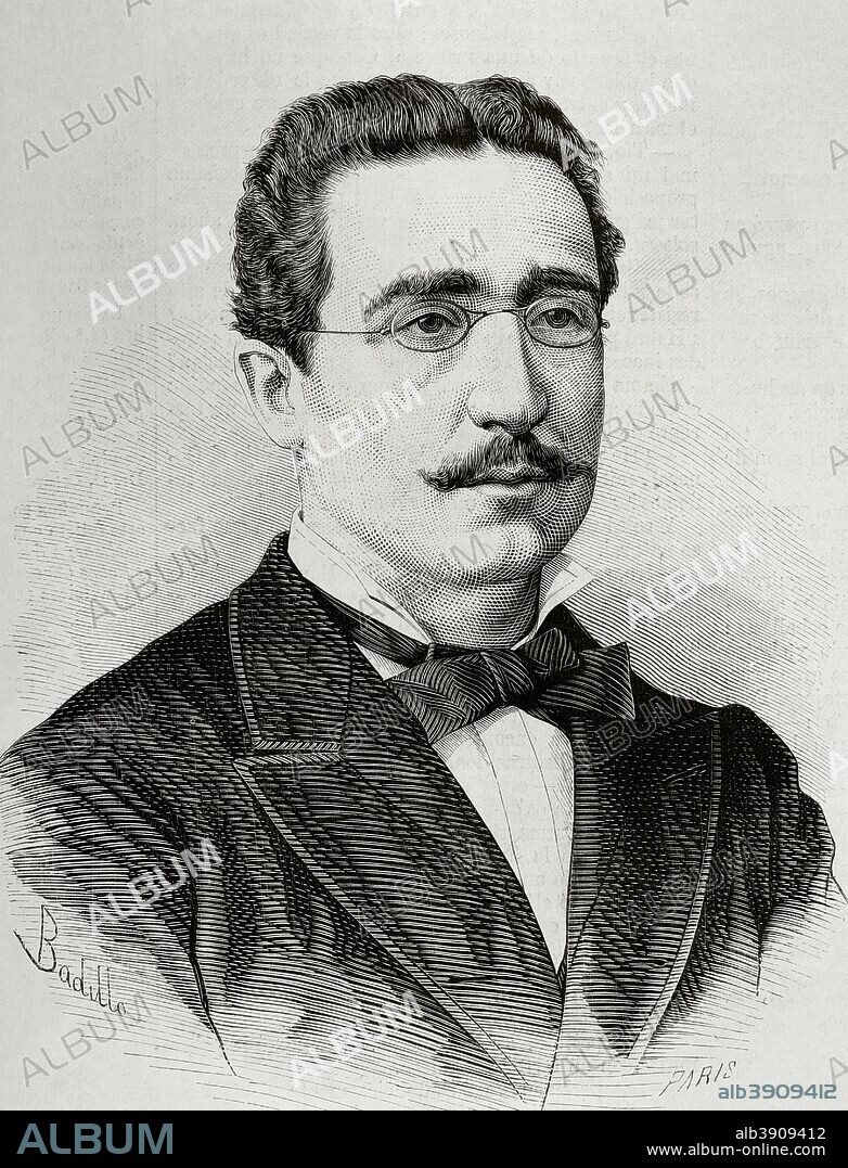 Ruperto Chapí (Villena, 1851-Madrid, 1909). Compositor español de zarzuelas. Retrato. Dibujo por Badillo. Grabado por Paris. La Ilustración Española y Americana, 1876. Biblioteca Histórico Militar de Barcelona. Cataluña, España.