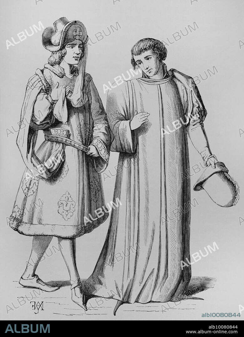 France. A young nobleman and a bourgeois in the 14th century. Engraving. "Moeurs, usages et costumes au moyen-âge et à l'époque de la Renaissance", by Paul Lacroix. Paris, 1878.