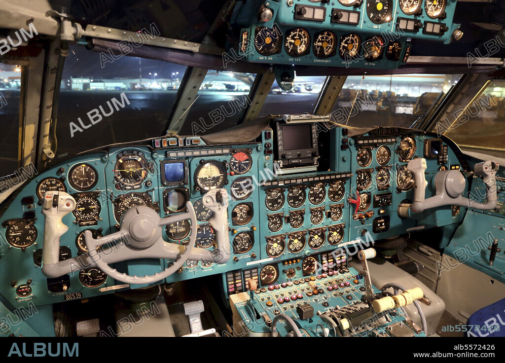 Cockpit of an IL-62M airplane of the the Russian Air Force, Sheremetyevo, Moscow Region, Russia.