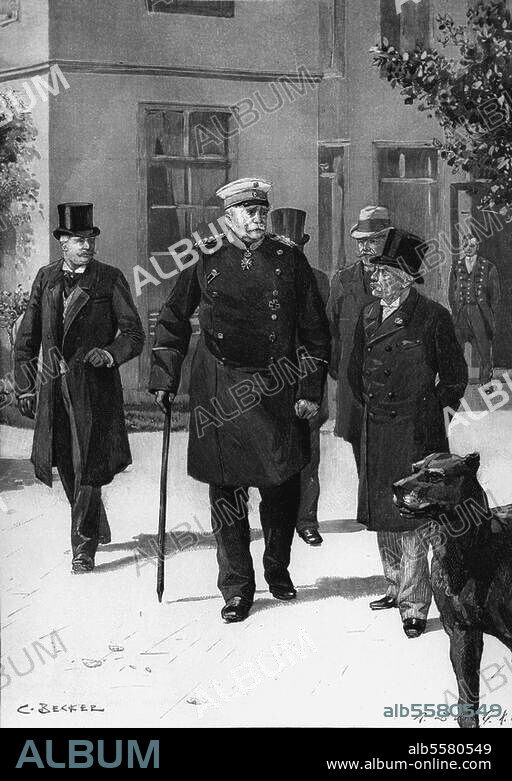 Bismarck, Otto von; Statesman; 1815-98. "The Imperial Chancellor Count Hohenlohe and the Secretary of State von Bülow visiting Count Bismarck in Friedrichsruh on 28th June 1897". Woodcut, after a drawing by Carl Becker (born 1862). From: Zur guten Stunde, 1897, I.