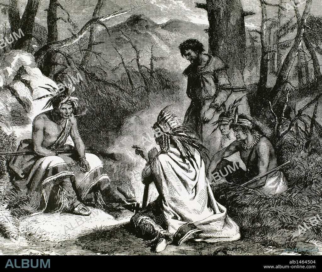 FELIX OCTAVIUS CARR DARLEY (basado en). HISTORIA DE NORTEAMERICA. SIGLO XIX. "INDIOS DECIDIENDO EL DESTINO DEL PRISIONERO". Grabado de Felix O. C. Darley en 1860. The Illustrated London News.