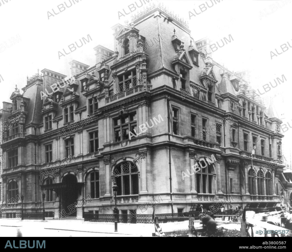 Exterior of John Jacob Astor IV's house on Fifth Avenue in New York City, 1912. Astor (1864-1912) was an American businessman, real estate builder, investor, and a prominent member of the Astor family. He died in the sinking of the RMS Titanic during the early hours of April 15. He was among the 1,514 people on board who did not survive. He was the richest passenger aboard the Titanic and was thought to be among the richest people in the world at that time, with a net worth of nearly $87 million when he died.