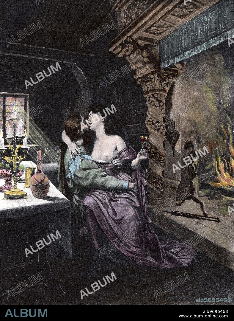 DECAMERON - FAIRYTALES - EROTIC ART. Illustration by Louis Chalon for the J. M. Rigg translation of Giovanni Boccaccio's The Decameron, 1903. Second Day: Rinaldo d'Asti kissing the widow woman, mistress of the Marquis Azzo, who is anxious to console him for the cruelty of her lover. Giovanni Boccaccio (1313-1375), probably born in Certaldo, in Val d'Elsa. His Decameron is a collection of one hundred stories, told by young men and women who were avoiding Florence during the Plague of 1348. Many of the tales are erotic in nature, and many were adopted by Boccaccio, rather than being original.