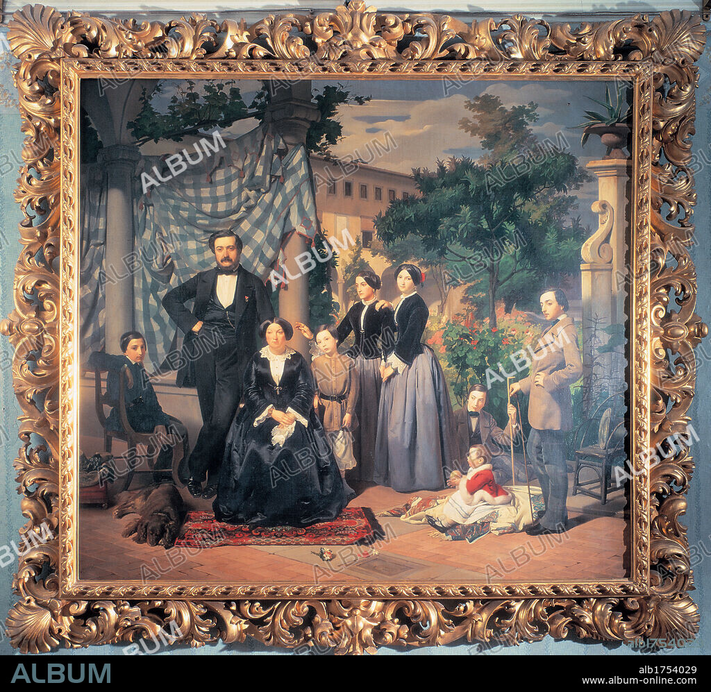 Portrait of the Bianchini Family, by Ciseri Antonio, 1855, 19th Century, canvas. Private collection. All. Frame portrait of Bianchini family garden villa columns cloth/drape carpet dog father mother man woman children boy girl tree.