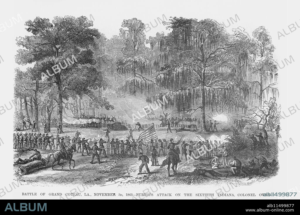 FRANK LESLIE. Battle of Grand Coteau or Bayou Bourbeux, Louisiana.  November 3, 1863.  The Battle of Bayou Bourbeux also known as the Battle of Grand Coteau, Battle of Boggy Creek or the Battle of Carrion Crow Bayou (Carrion Crow is the Cajun French word for buzzard), which is present day Carencro Bayou, was fought in southwestern Louisiana west of the town of Grand Coteau, during the American Civil War.  The engagement was between the forces of Confederate Brigadier General Thomas Green and Union Brigadier General Stephen G. Burbridge.