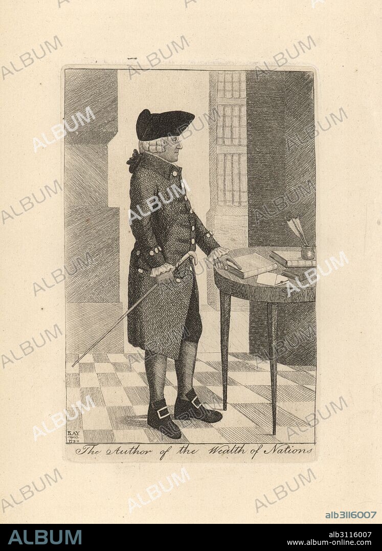 Adam Smith, with his book The Wealth of Nations on the table before him. Copperplate engraving by John Kay from A Series of Original Portraits and Caricature Etchings, Hugh Paton, Edinburgh, 1842.