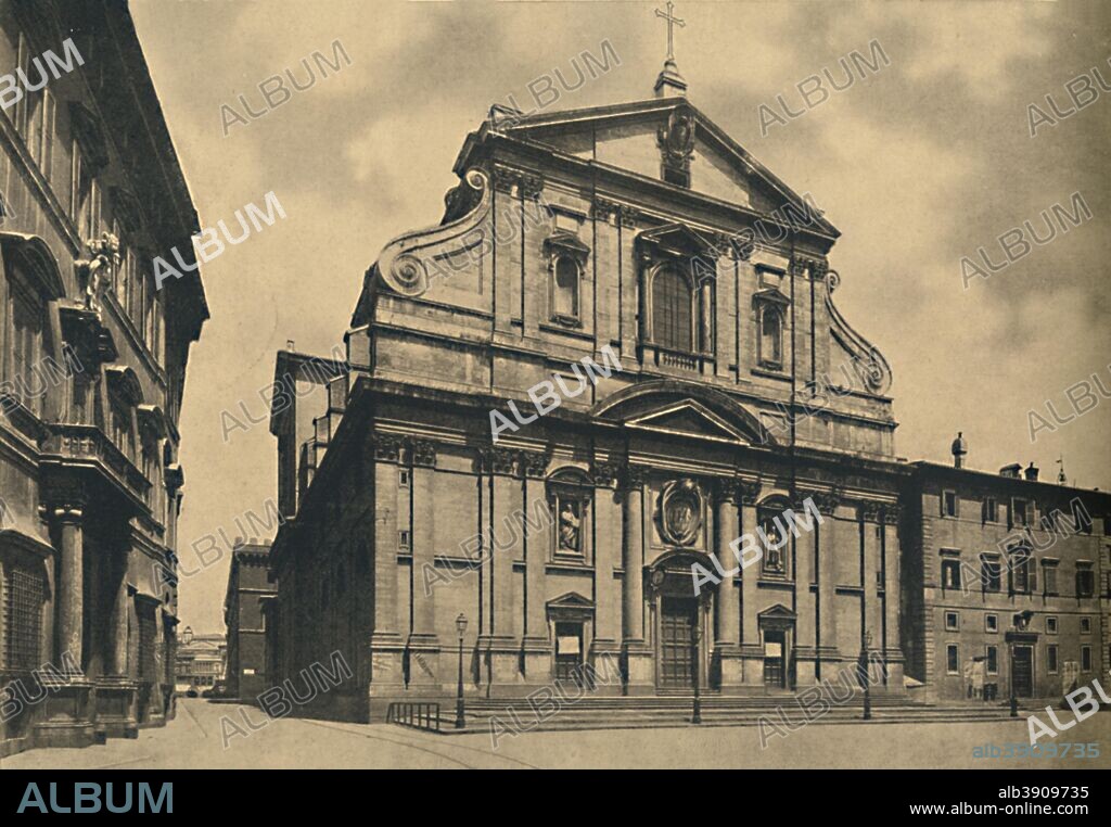 'Roma - Facade of the Church of the Gesu, by Giacomo della Porta', 1910. The 16th century Baroque Church of the Gesu  is the mother church of the Society of Jesus (Jesuits), a Catholic religious order.  From Cento Vedute Classiche di Roma. [Enrico Verdesi, Rome, 1910].