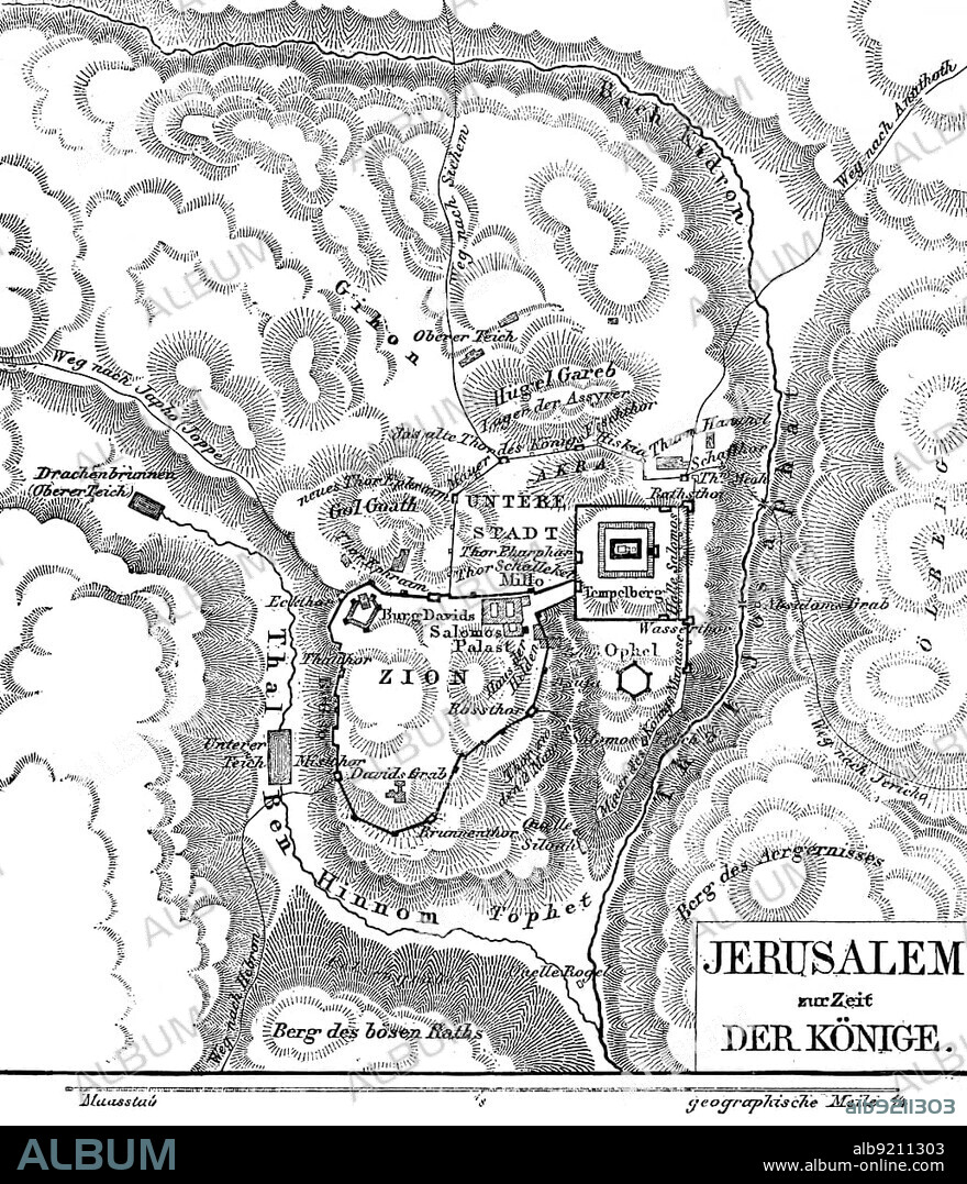 Jerusalem in the time of the kings, map, rivers, Kidron, valley, Ben Hinnom, mountains, Temple Mount, Lower City, Hill Gareb, Zion, David's Tomb, Castle of David, Solomon's Palace, Akba, Lower Pond, Upper Pond, Jericho Way, Dragon Well, scale, geographical mile, hatchings, Bible, Old Testament, Second Book of Samuelis, chapters, historical illustration c. 1850, Middle East