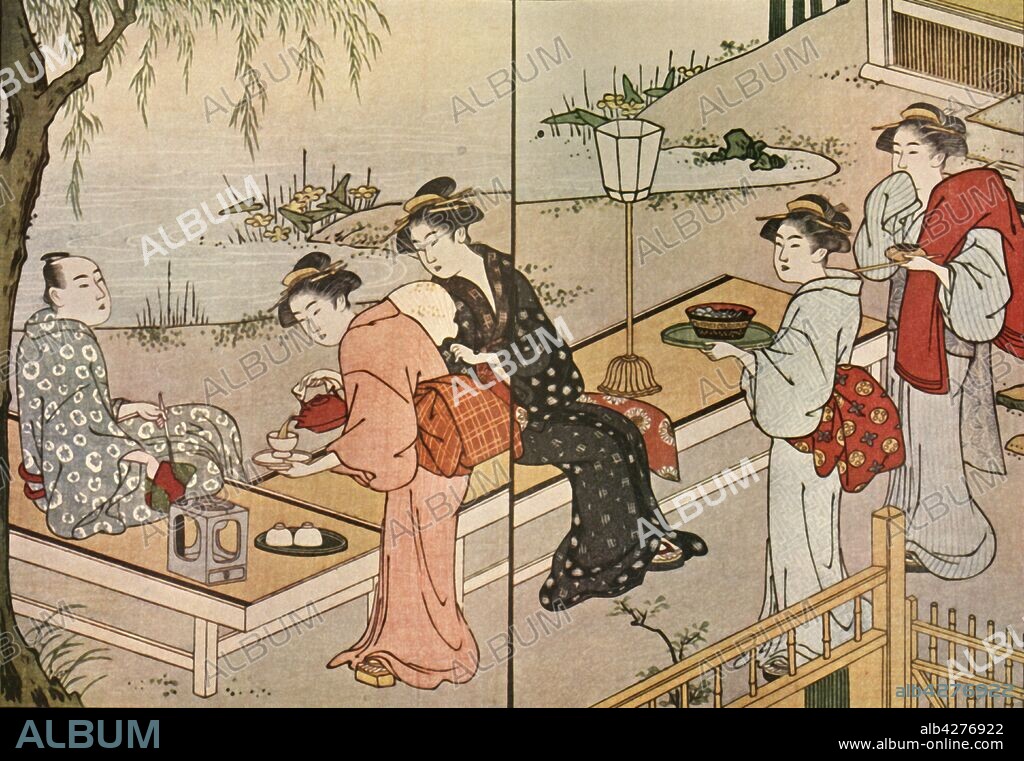 KATSUKAWA SHUNCHO. Woman serving tea, 1790, (1924). Guests sitting on benches by the shore of a lake. From the "Ehon Eigadane" by Churinsha Shuncho, [1790]. Published in "Block Printing & Book Illustration in Japan", by Louise Norton Brown. [George Routledge & Sons, Ltd., E. P. Dutton & Co., London & New York, 1924].