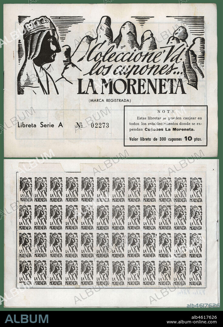 Barcelona. Cartilla de cupones de ahorro La Moreneta. Años 1940.