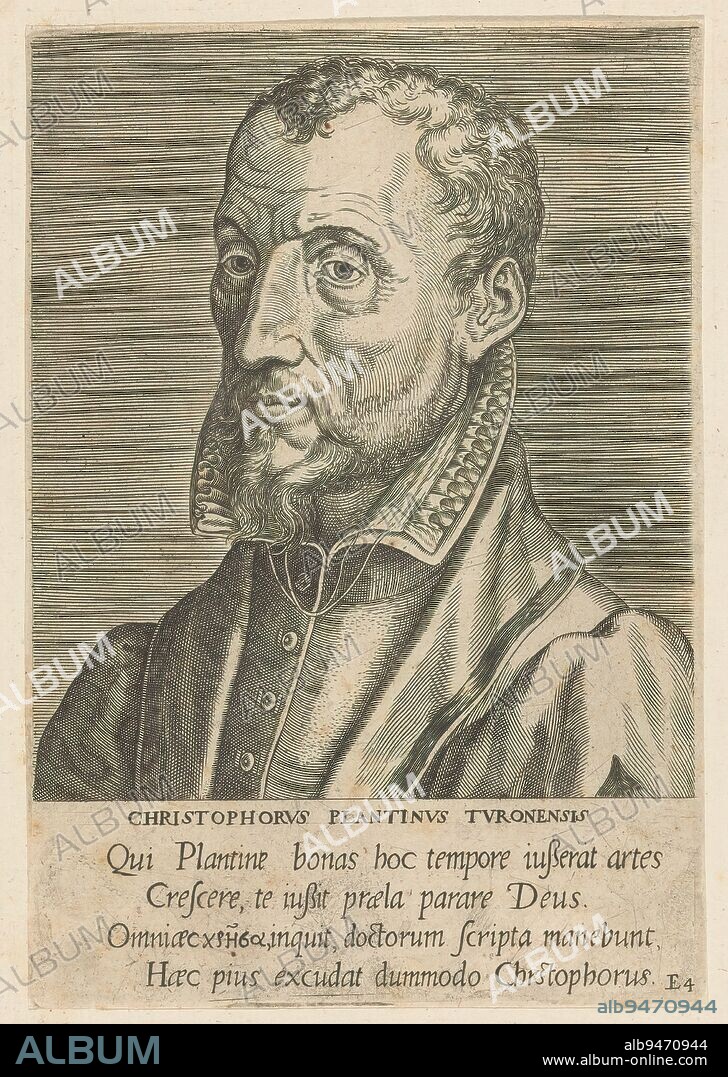 Portrait of Christopher Plantin, Christophorus Plantinus Turonensis (title on object), Portraits of famous European scholars (series title), Virorum doctorum de disciplinis benemerentium effigies (series title), Portrait of Christopher Plantin, printer and publisher at Antwerp. Bust to the left. Numbered E4. The print has a Latin caption and is part of a series of famous European scholars., print maker: Philips Galle, Benedictus Arias Montanus, publisher: Philips Galle, Antwerp, 1572, paper, engraving, height 177 mm × width 122 mm.