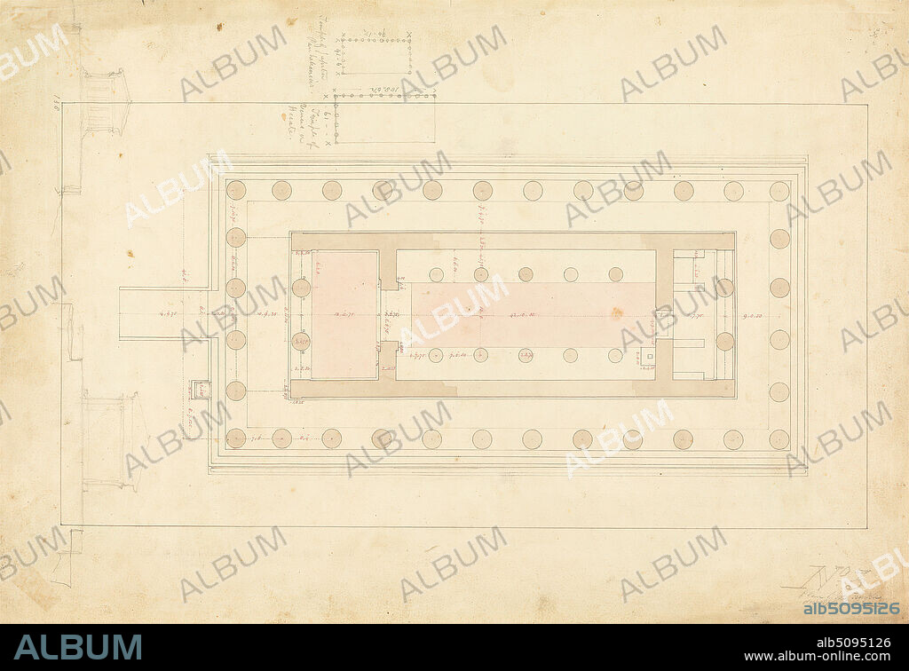 The Temple of Aphaia at Aegina: Ground Floor Plan, Charles Robert Cockerell, 17881863, British, undated, Graphite, pen and black, gray and red ink, brown and pink wash on moderately thick, moderately textured, beige wove paper, Sheet: 13 1/16 × 19 inches (33.2 × 48.3 cm), architectural subject.