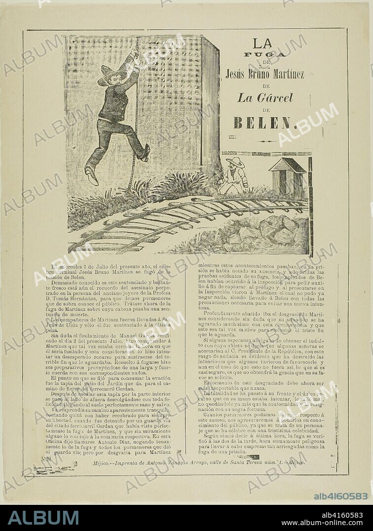 JOSE GUADALUPE POSADA. The Escape of Jesus Bruno Martinez from Belen Prison. José Guadalupe Posada; Mexican, 1852-1913. Date: 1887-1897. Dimensions: 400 x 297 mm. Relief engraving or photo relief etching on wove paper. Origin: Mexico.
