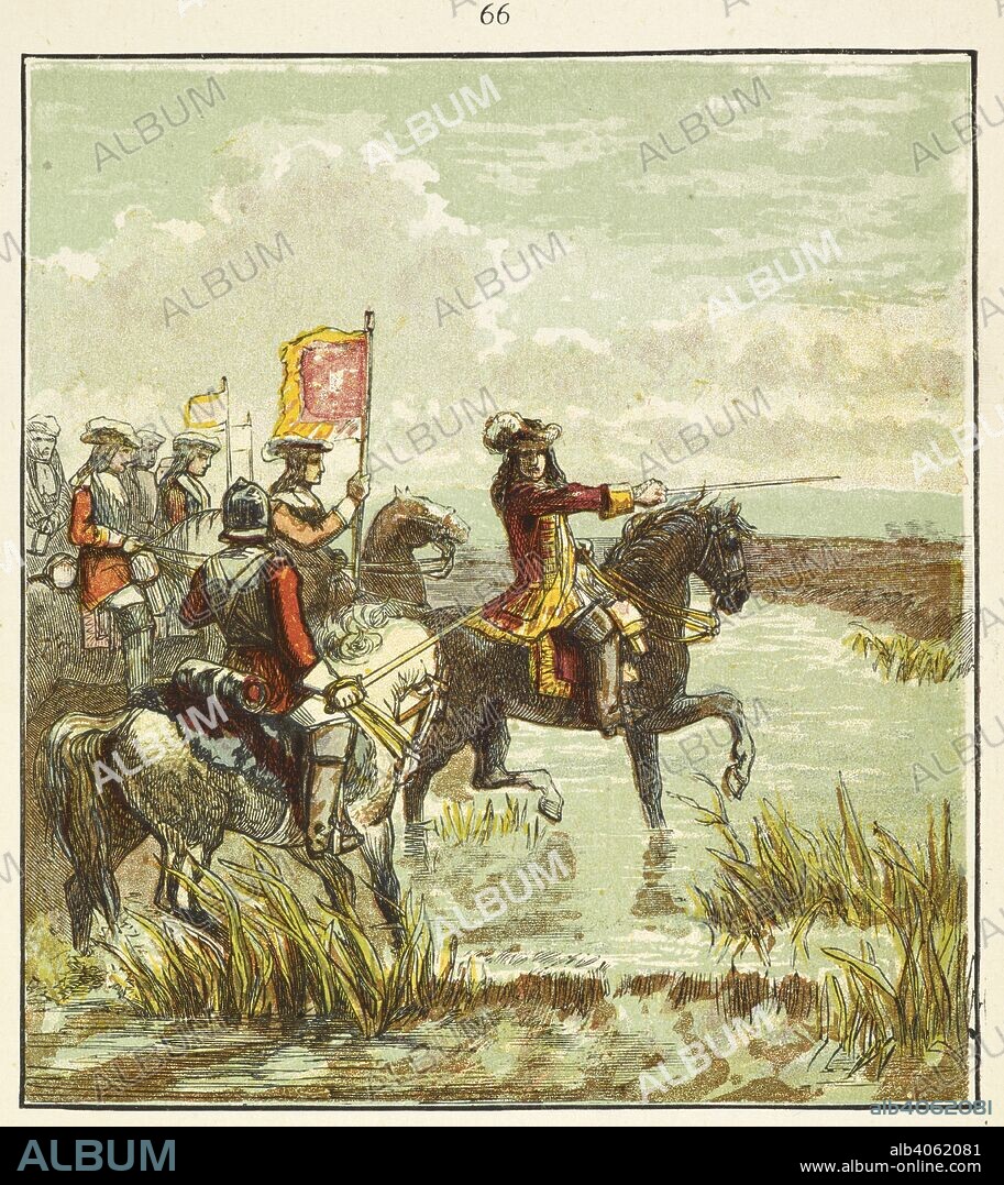 'The battle of the Boyne.' The battle was fought in 1690 between the forces of the Catholic King James and the forces of the Protestant King William, across the River Boyne, in Ireland. Pictures of English History. From the earliest times to the present period. With ninety-three pictures, printed in colour by Kronheim. London : George Routledge & Sons, [1868]. Source: 9505.ff.6 picture 66. Language: English.