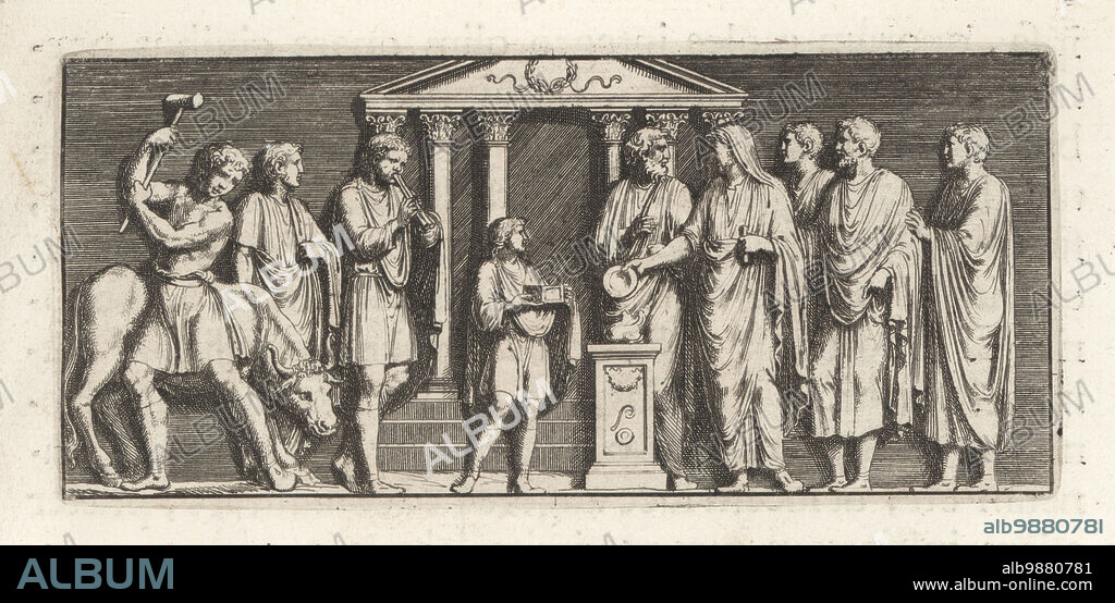 An Etruscan woman in veil burns offerings at an altar before a temple. Bearded priests attend the ritual, a musician plays a tibia or aulos, a Victimarius sacrifices a bull with a hammer, and a boy holds a sacred box. A vignette from the first page of the book. Copperplate engraving from Francesco Valesio, Antonio Gori and Ridolfino Venutis Academia Etrusca, Museum Cortonense in quo Vetera Monumenta, (Etruscan Academy or Museum of Cortona), Faustus Amideus, Rome, 1750.