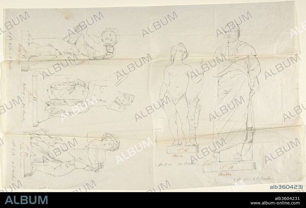 Sketches of Five Statues:  "Love," "Aristide, "Putto with a Cat," "Psyche," and "Putto with a Dog". Artist: John Gibson (British, Gwynedd, Wales 1790-1866 Rome). Dimensions: sheet: 9 1/8 x 7 9/16 in. (23.1 x 19.2 cm). Date: ca. 1850.