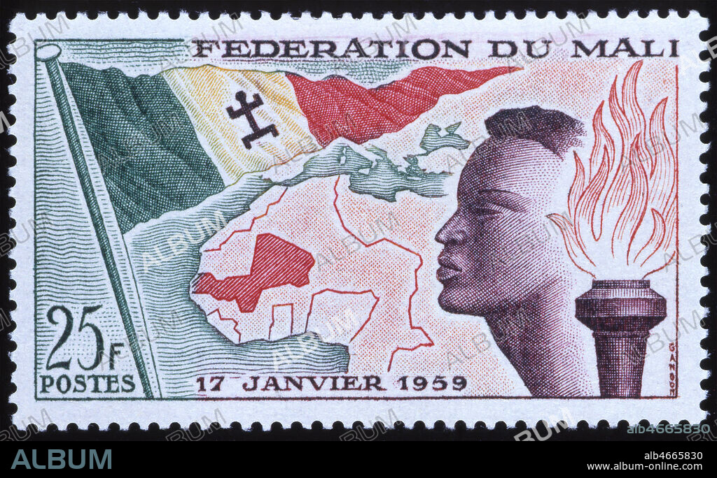 'Federation du Mali : 17 janvier 1959'. Timbre representant le drapeau malien, une carte, une tete et une flamme. Annees 50. Collection KHARBINE-TAPABOR.