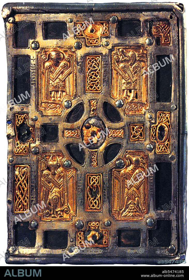 The Book of Kells (Irish: Leabhar Cheanannais) (Dublin, Trinity College Library, MS A. I. (58), sometimes known as the Book of Columba) is an illuminated manuscript Gospel book in Latin, containing the four Gospels of the New Testament together with various prefatory texts and tables. It was created by Celtic monks ca. 800 or slightly earlier. The text of the Gospels is largely drawn from the Vulgate, although it also includes several passages drawn from the earlier versions of the Bible known as the Vetus Latina. It is a masterwork of Western calligraphy and represents the pinnacle of Insular illumination. It is also widely regarded as Ireland's finest national treasure. The illustrations and ornamentation of the Book of Kells surpass that of other Insular Gospel books in extravagance and complexity. The decoration combines traditional Christian iconography with the ornate swirling motifs typical of Insular art. Figures of humans, animals and mythical beasts, together with Celtic knots and interlacing patterns in vibrant colours, enliven the manuscript's pages. Many of these minor decorative elements are imbued with Christian symbolism and so further emphasise the themes of the major illustrations. The manuscript today comprises 340 folios and, since 1953, has been bound in four volumes. The leaves are on high-quality calf vellum, and the unprecedentedly elaborate ornamentation that covers them includes ten full-page illustrations and text pages that are vibrant with decorated initials and interlinear miniatures and mark the furthest extension of the anti-classical and energetic qualities of Insular art. The Insular majuscule script of the text itself appears to be the work of at least three different scribes. The lettering is in iron gall ink, and the colours used were derived from a wide range of substances, many of which were imports from distant lands. The manuscript takes its name from the Abbey of Kells that was its home for centuries. Today, it is on permanent display at the Trinity College Library, Dublin.