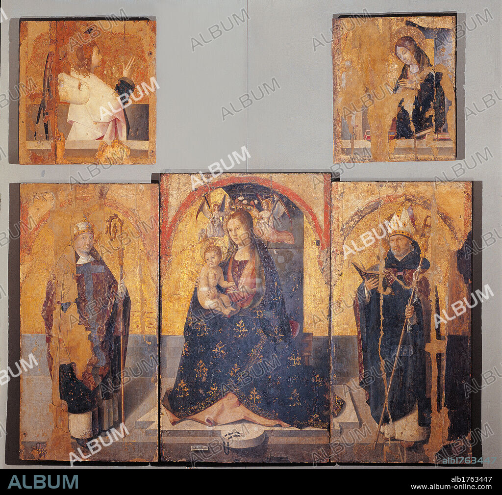Polyptych of St Gregory, by Antonello di Antonio known as Antonello da Messina, 15th Century, 1473 about, oil on panel, cm 194 x 202 central panel 12976 cm, side panel each 12563, left upper panel 6562, right upper panel 6555. Italy, Sicily, Messina, Regional Museum, inv. 548. All. Top left announcing Angel, top right, Virgin Annunciate, bottom, left to right St Gregory Madonna with Child St Benedict. Authorization required for non editorial use.