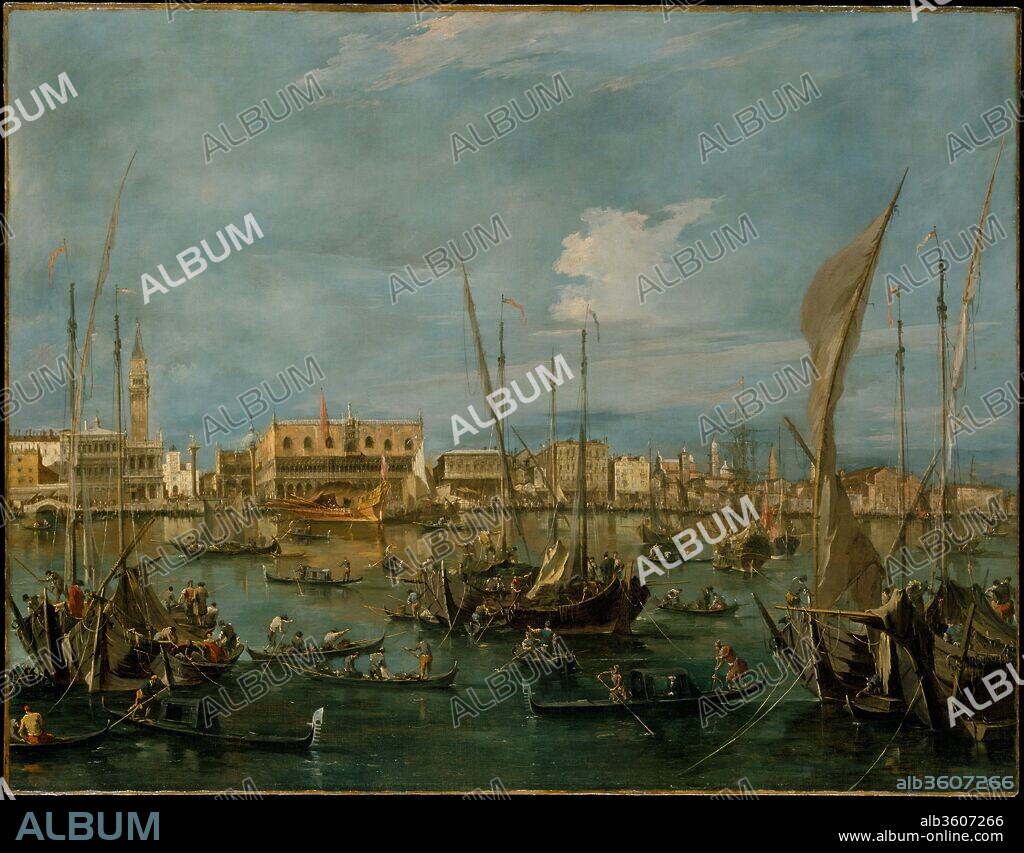 Venice from the Bacino di San Marco. Artist: Francesco Guardi (Italian, Venice 1712-1793 Venice). Dimensions: 48 x 60 in. (121.9 x 152.4 cm). Date: ca. 1765.
The view is among the most famous that Venice affords and shows the harbor basin and shipping, and the waterfront from the Mint, at left, to the incomplete façade of the church of the Pietà and beyond. Toward the left are the library, the bell tower and the clock tower, San Marco, the twin columns of the Piazzetta, and the patterned brickwork façade of Palazzo Ducale. The painting is a fairly early example of Guardi's work in this specialized genre.