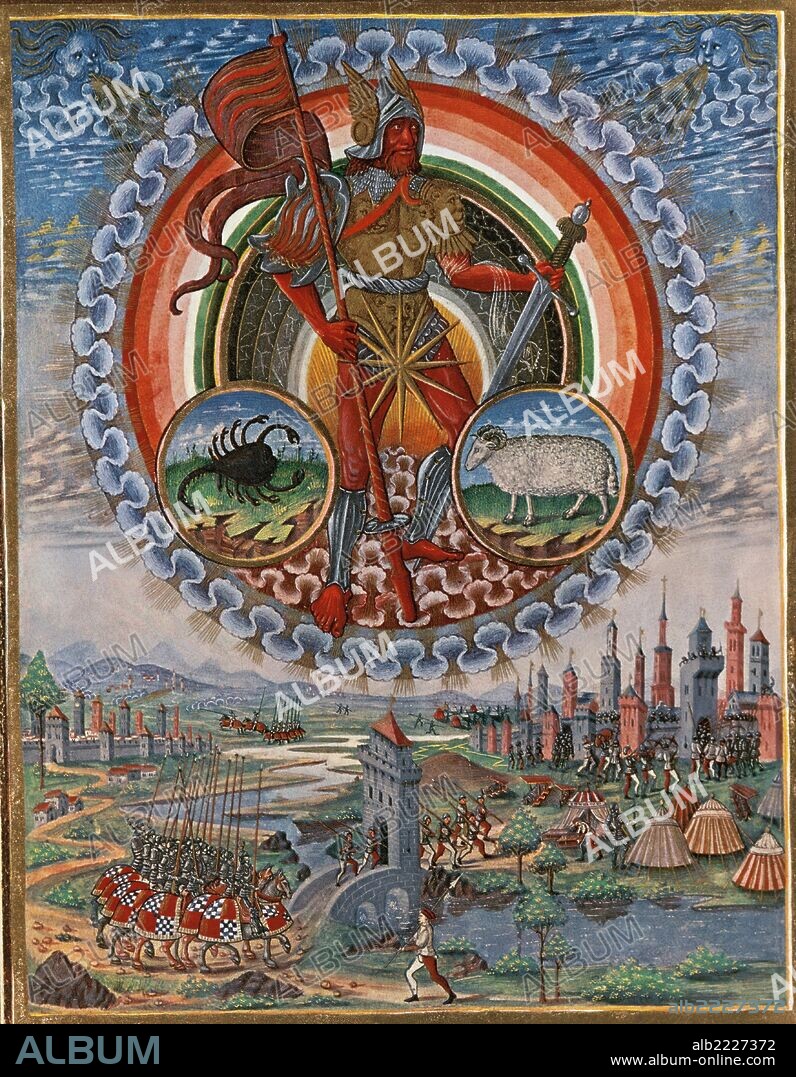 "DE SPHAERA" (LA ESFERA). Considerado como el mejor libro de ASTROLOGIA del Renacimiento. Es de orígen lombardo y está ilustrado por Cristóforo DE PREDIS (h. 1440-h. 1486) hacia el año 1470. Representación de MARTE con los signos zodiacales de ARIES y ESCORPION. Sala de Exposiciones Giuseppe Campori. Biblioteca Estense Universitaria. Módena. Italia.