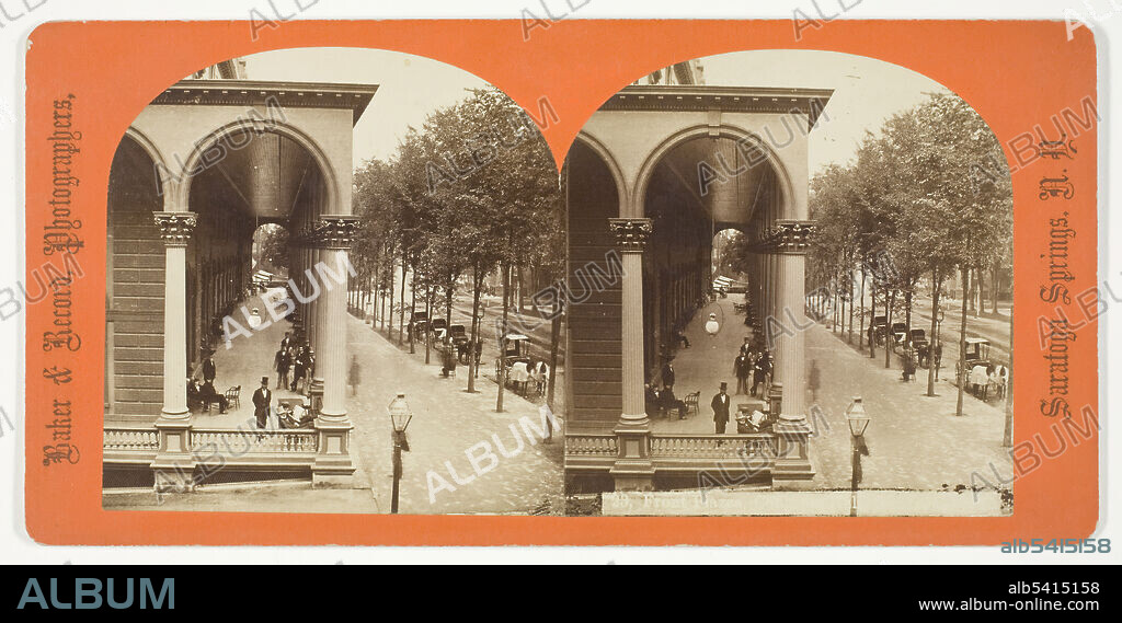 BAKER & RECORD. Front Piazza, late 19th century. [Covered arcade at the Grand Union Hotel, Saratoga Springs, New York State, USA]. Albumen print, stereocard, no. 23 from the series "Saratoga Springs, N. Y.".