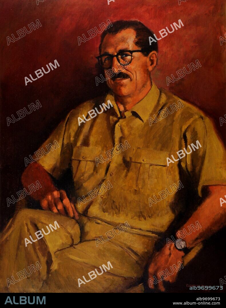 Painting of Belgian wildlife film - maker , Armand Denis by Elizabeth Maxey - 1963. Armand Denis who , with his wife Michaela , made wildlife TV programmes in the 1950s and 1960s .