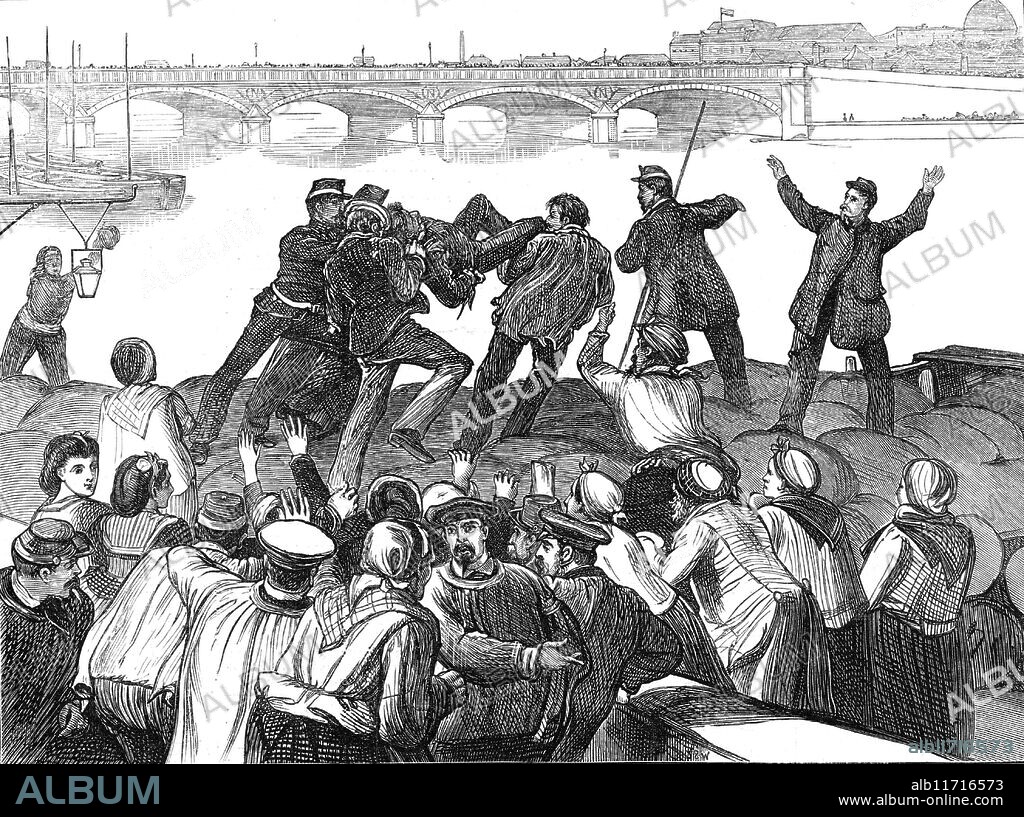 Mob of Paris rioters drowning a police agent, 1871. Franco-Prussian War: '...a band of 200 people, yelling at the heels of a respectably-dressed individual, whom two chasseurs-a-pied were holding by the collar. Shouts of his being a police spy, and demanding his death, were raised on all sides, as he was dragged in the direction of the canal, where his captors proposed to drown him...the mob...assailed him with kicks and blows...Already half murdered, he entreated that he might be permitted to blow his brains out...this request was denied him, and he was hurried along to the Quai Henri IV., when, having his legs and arms bound with cords, he was thrown into the Seine...Drifting with the current, the unhappy victim was carried beneath the stockade at the Pont St. Louis, and speedily drowned. This act of savagery was prompted, it is said, by the unfortunate man having been observed taking down the numbers of the battalions of National Guards arriving on the place. On being asked by the two chasseurs what he was doing, he replied it was no business of theirs...Finding in his possession documents proving that he belonged to the police, their rage knew no bounds, and resulted in the horrible murder above described'. From "Illustrated London News", 1871.