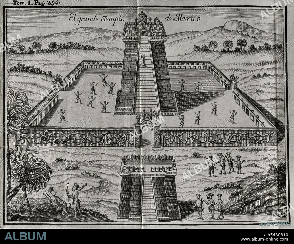 The Great Aztec Temple at Tenochtitlan. Dedicated to the god of war. Built in a large square, with an ashlar wall, carved on the outside with different loops of chained snakes. Engraving. "Historia de la Conquista de México, población, y progresos de la América septentrional, conocida por el nombre de Nueva España" (History of the Conquest of Mexico, population, and progress of northern America, known by the name of New Spain). Written by Antonio de Solís y Rivadeneryra (1610-1686), Chronicler of the Indies. Volume I. Edition published in Barcelona and divided into two volumes, 1771. King's printer: Thomas Piferrer. Historical Military Library of Barcelona. Catalonia, Spain.