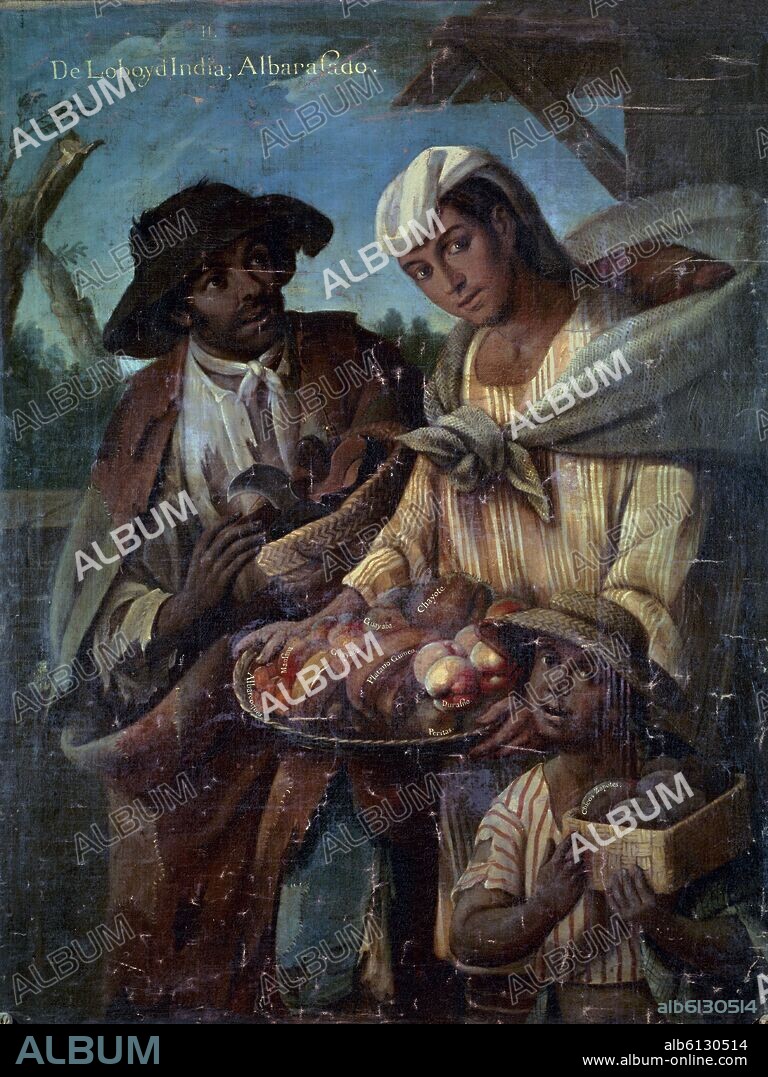MIGUEL CABRERA (1695-1768). MESTIZAJE - DE  LOBO Y DE  INDIA : ALBARAZADO - MEXICO - 1763- PINTURA COLONIAL S XVIII.