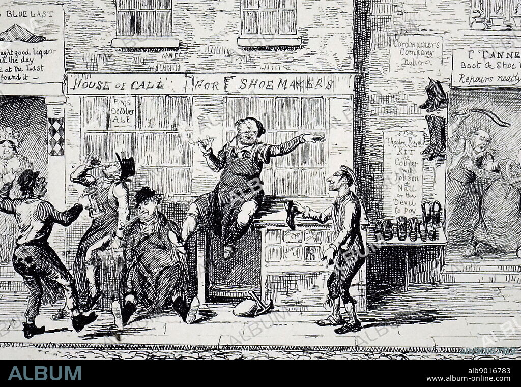 A cartoon depicting London shoemakers celebrating the day of the Patron Saint, St. Crispin. Illustrated by George Cruikshank (1792-1878) a British caricaturist and book illustrator. Dated 19th century.