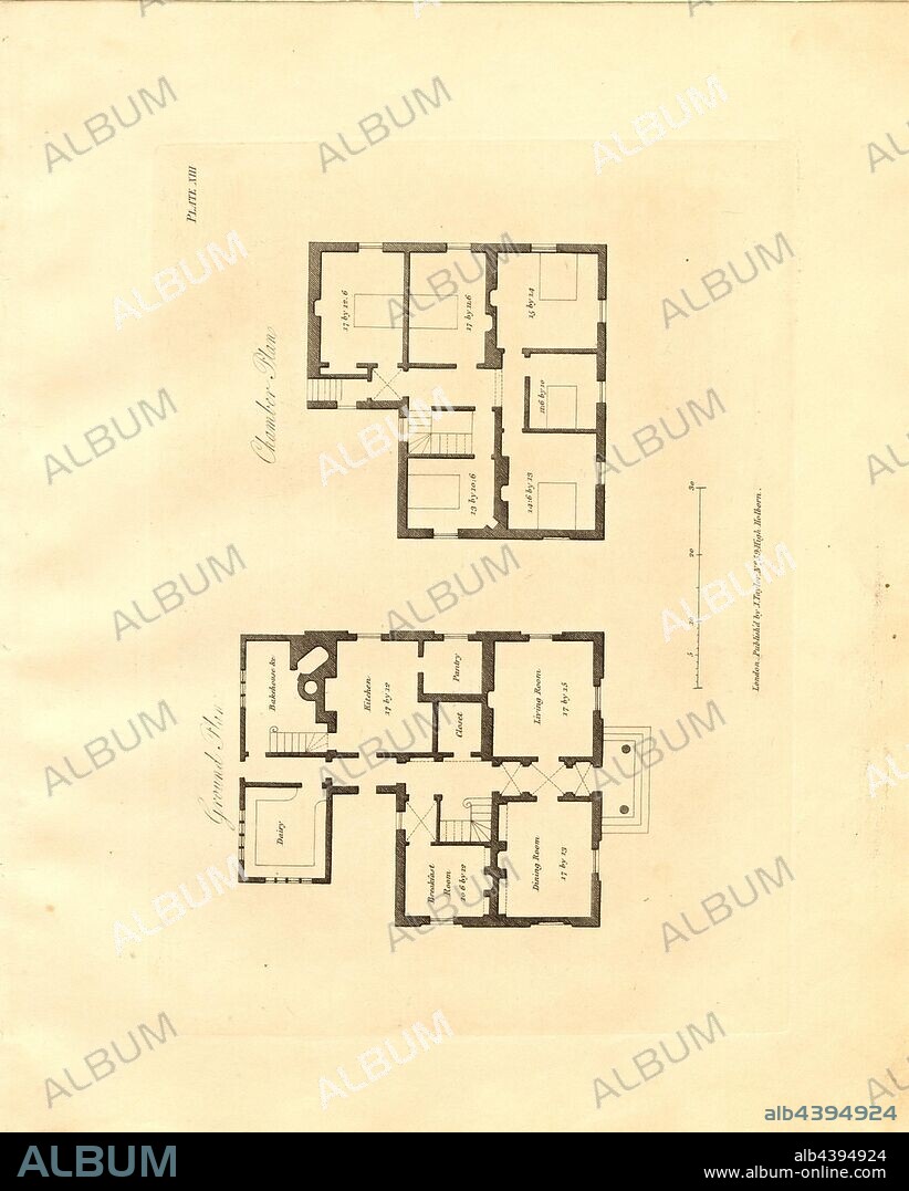 Farm House 2a, Floor plans of a farmhouse, Pl. XIII, to p. 31, Robert Lugar: Architectural sketches for cottages, rural dwellings, and villas, in the Grecian, Gothic, and fancy styles: with plans; suitable to persons of genteel life and moderate fortune.: preceded by some observations on scenery and character proper for picturesque buildings. London: printed for J. Taylor, at the Architectural Library, 1823.