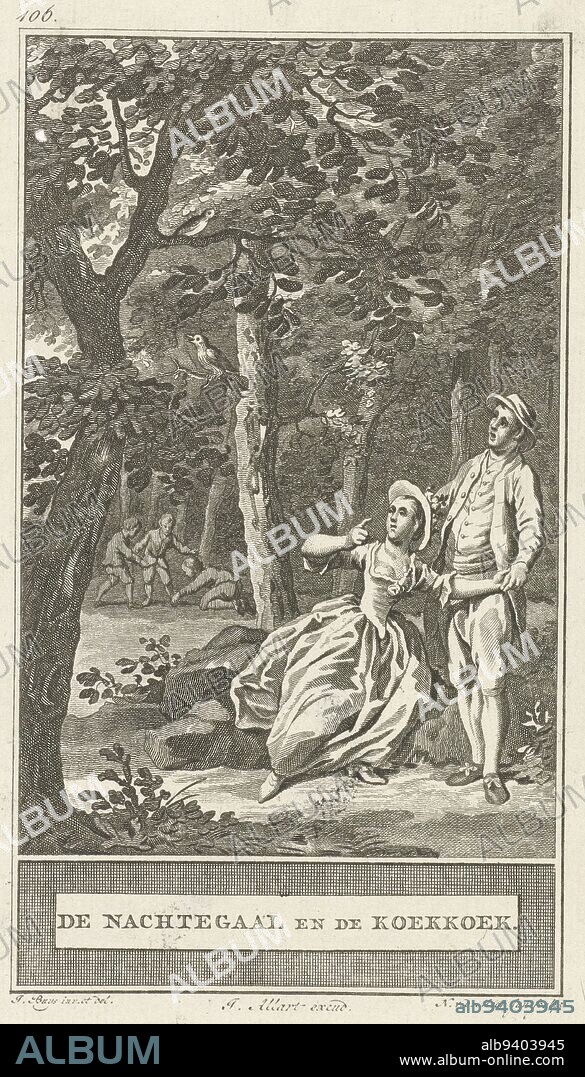 In a tree, a nightingale and a cuckoo are singing The boys in the background cheer for the cuckoo's song The love-making couple in the foreground are moved to tears by the song of the nightingale, Nightingale and the Cuckoo The Nightingale and the Cuckoo , print maker: Noach van der Meer (II), (mentioned on object), intermediary draughtsman: Jacobus Buys, (mentioned on object), publisher: Johannes Allart, (mentioned on object), Amsterdam, 1777, paper, etching, h 245 mm × w 158 mm.