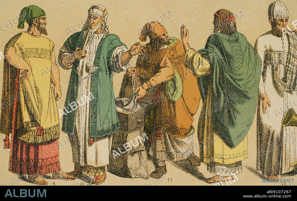 Hebreos. De izquierda a derecha; 9-10-11: trajes ricos en tiempos de David y Salomón, 12: traje latino-hebreo, 13: traje de sacerdote. Cromolitografía. "Historia Universal", por César Cantú. Tomo I, 1881.