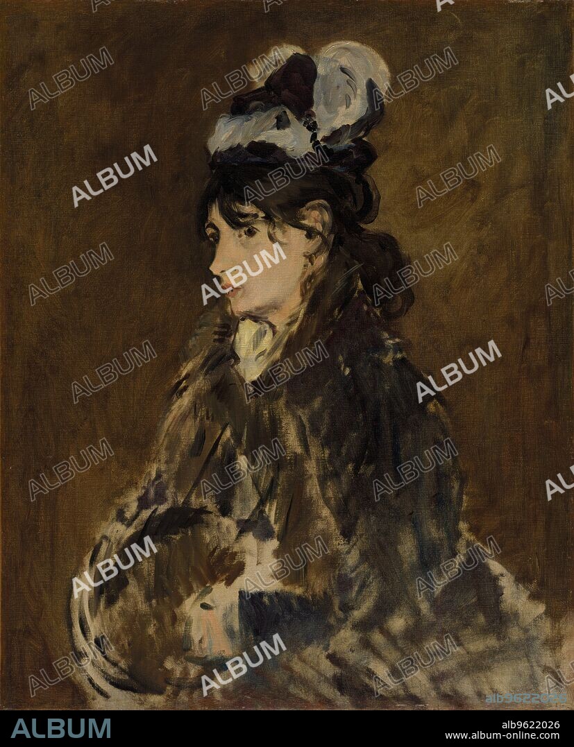 Berthe Morisot, c. 1869-73. This painting depicts Impressionist painter Berthe Morisot (1841-1895), who began working closely with Edouard Manet around 1868. She married Manet's brother Eugéne in 1874. Manet painted Morisot's portrait several times, at first presenting her in static poses with neatly styled hair. About 1872 he began painting her in more momentary, fleeting states. In this painting she appears to be moving, her hair disheveled as she throws a furtive glance to the side. Manet's sketchy brushwork gives the painting a daring unfinished look, suggesting the tempo of modern life. Morisot's pensive, nervous expression suggests that Manet was sympathetic to her struggle for recognition at a time when women were not expected to pursue professional careers. Indeed, Morisot's parents were urging her to settle down to a more conventional life at the time.