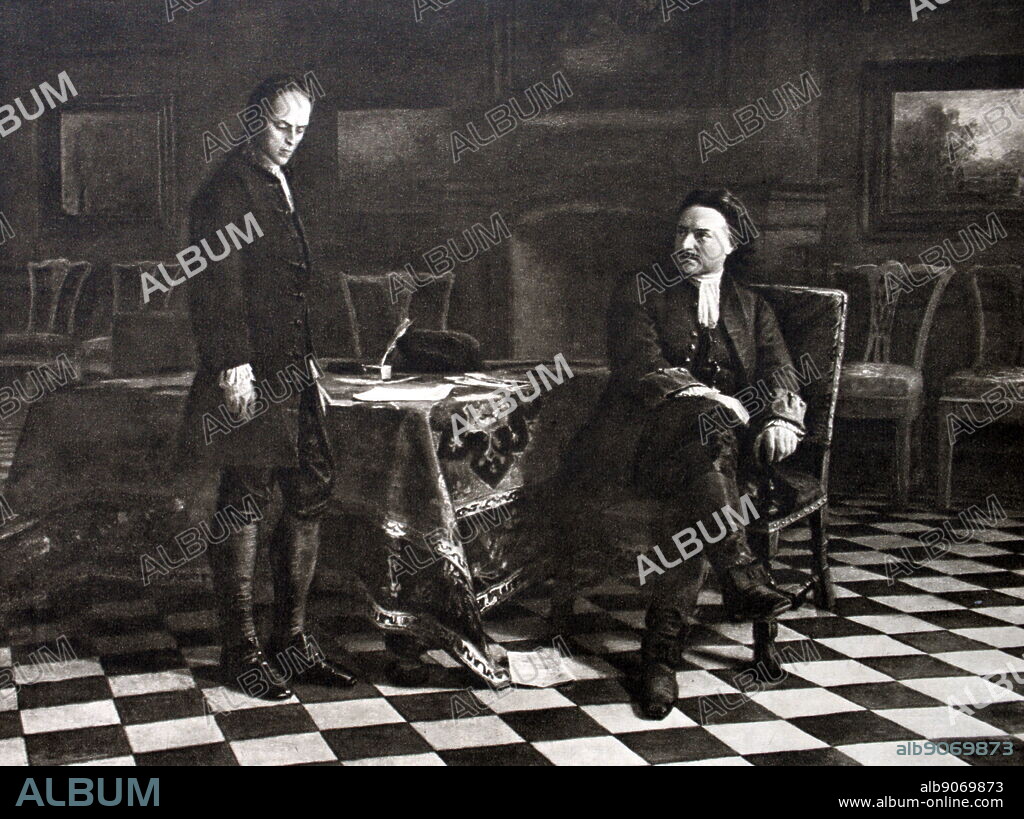 Peter the Great Interrogating the Tsarevich Alexei Petrovich at Peterhof by Nikolai Ge (1831-1894). Peter the Great, in 1718 had his eldest son tortured to death for allegedly conspiring against him.