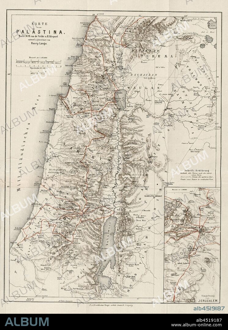 Map of Palestine and surrounding area of Jerusalem, Map of Palestine, Fig. 2, after p. 414, Velde, Charles William Meredith van de (inv.); Kiepert, Heinrich (inv.); Lange, Henry (del.); F. A. Brockhaus' Geogr. artist. Anstalt (ed.), 1865, Konrad Furrer: Wanderungen durch Palästina. Zürich: Orell Füssli, 1865.