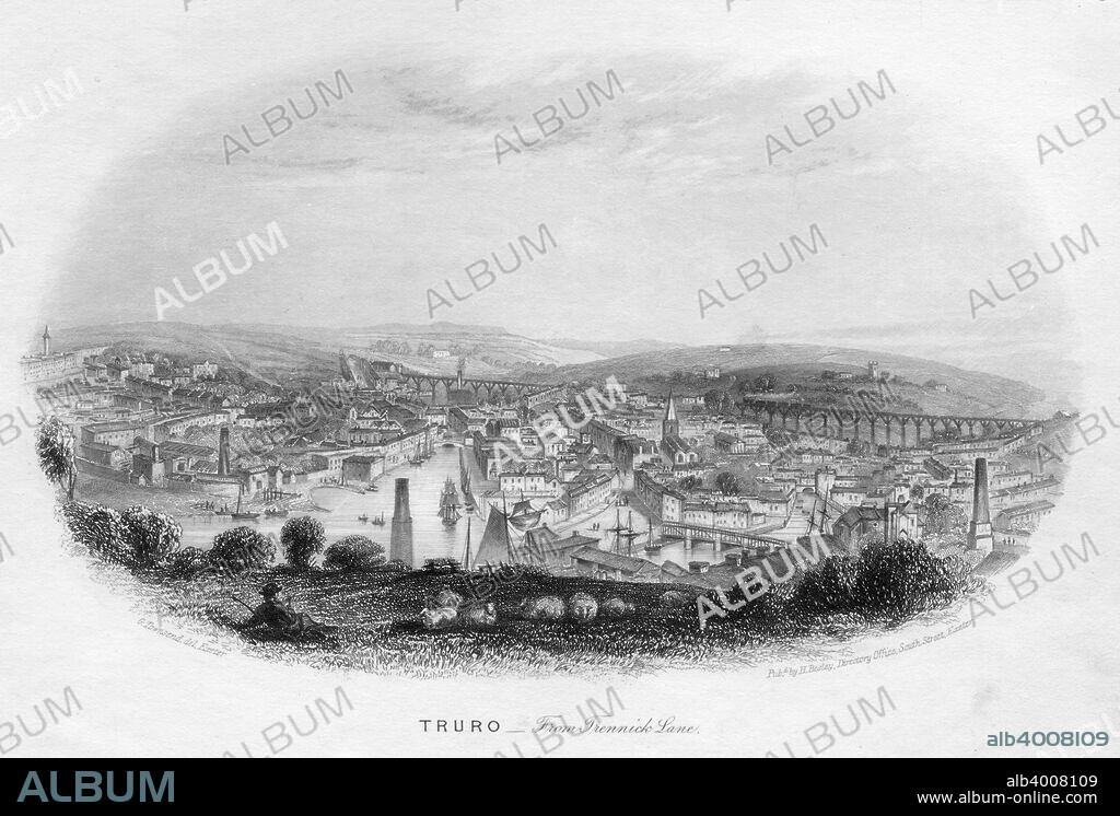'Truro, from Trennick Lane', 1860. The Cornwall Railway, later part of the Great Western Railway (GWR), at Truro, showing one of Isambard Kingdom Brunel's (1806-1859) timber viaducts, built from Kyanzed yellow Baltic pine from Memel. The timberwork had a life of 30 years. Illustration after George Townsend for Views of Devonshire and Cornwall by Henry Besley. (Exeter, c1860).