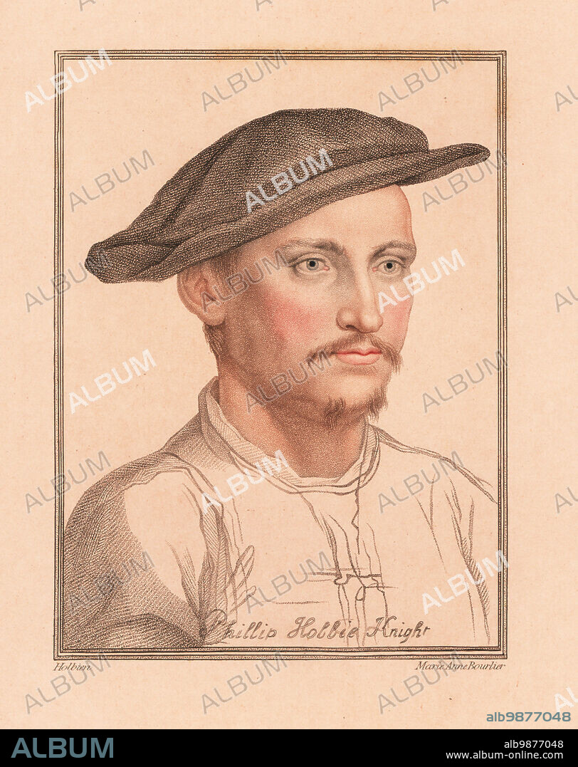 Sir Philip Hoby, English Ambassador to the Holy Roman Empire and Flanders (1505-1558). Phlilip Hobbie Knight. Handcoloured copperplate stipple engraving by Marie Anne Bourlier after a portrait by Hans Holbein the Younger printed on pink paper from Imitations of Original Drawings by Hans Holbein, John Chamberlaine, London, 1812.